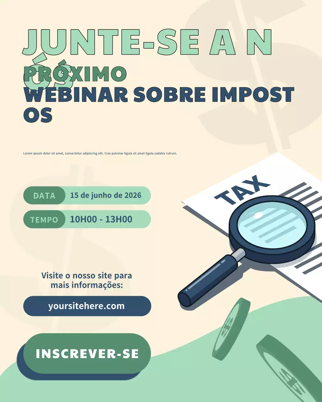 Cartaz moderno azul verde profissional sobre impostos para webinars em mídias sociais