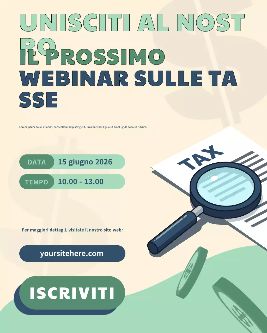 Poster moderno per i social media del webinar professionale sulle tasse, blu e verde