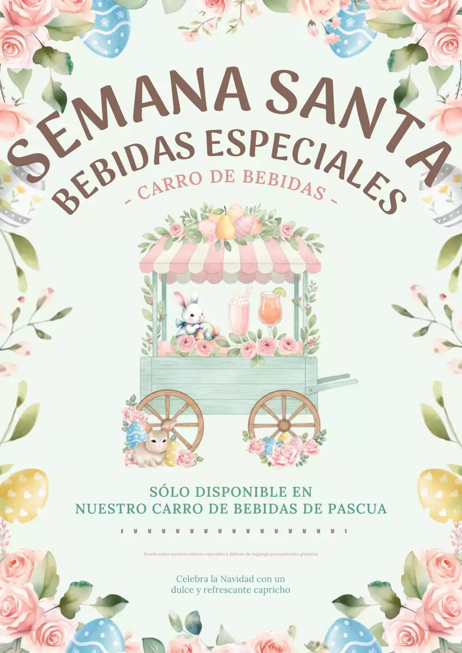 Póster promocional de bebidas con motivos florales en tonos pastel