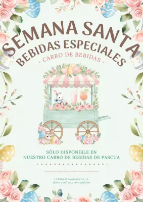 Póster promocional de bebidas con motivos florales en tonos pastel