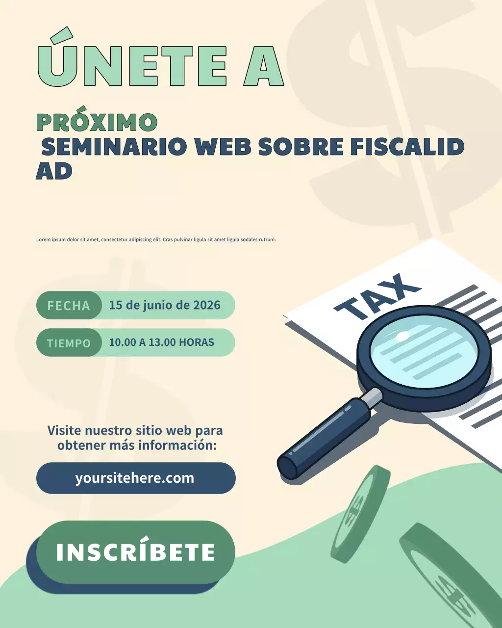 Póster para redes sociales del seminario web sobre impuestos profesionales en azul y verde moderno