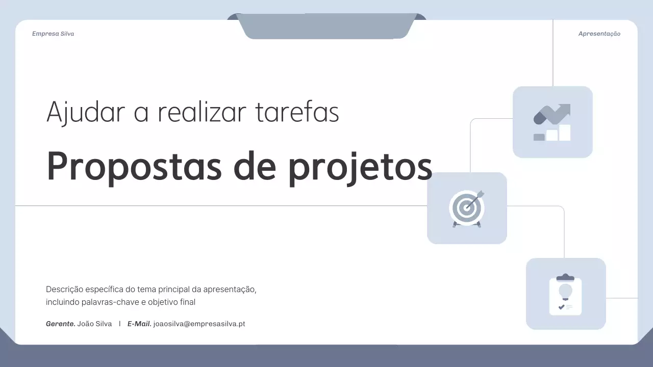Proposta de projeto limpa em azul e cinza
