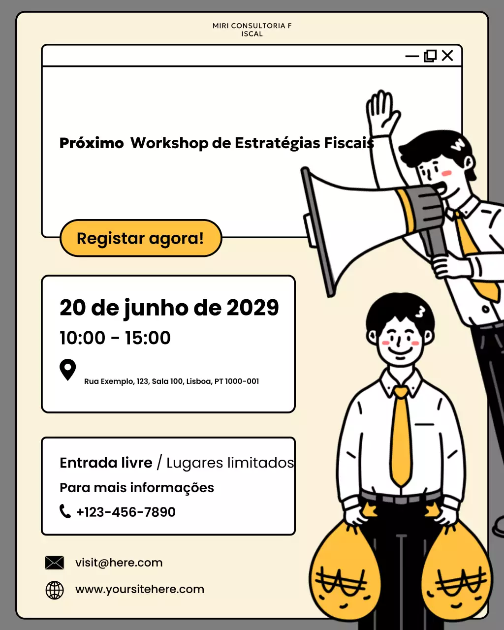 Anúncio do workshop sobre imposto de quadrinhos bege