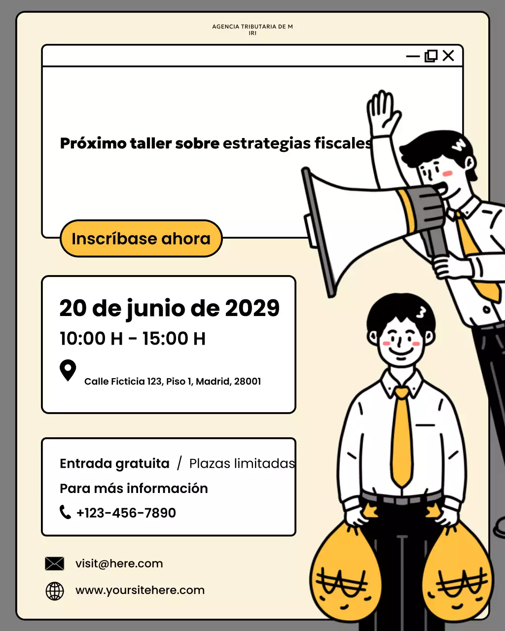 Anuncio del taller de impuestos sobre cómics beige