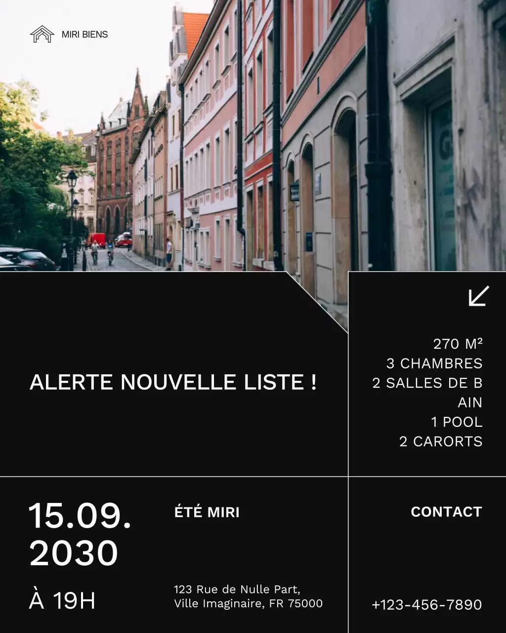 Publication Instagram d'alerte immobilière en noir et blanc