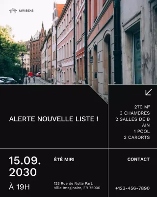 Publication Instagram d'alerte immobilière en noir et blanc