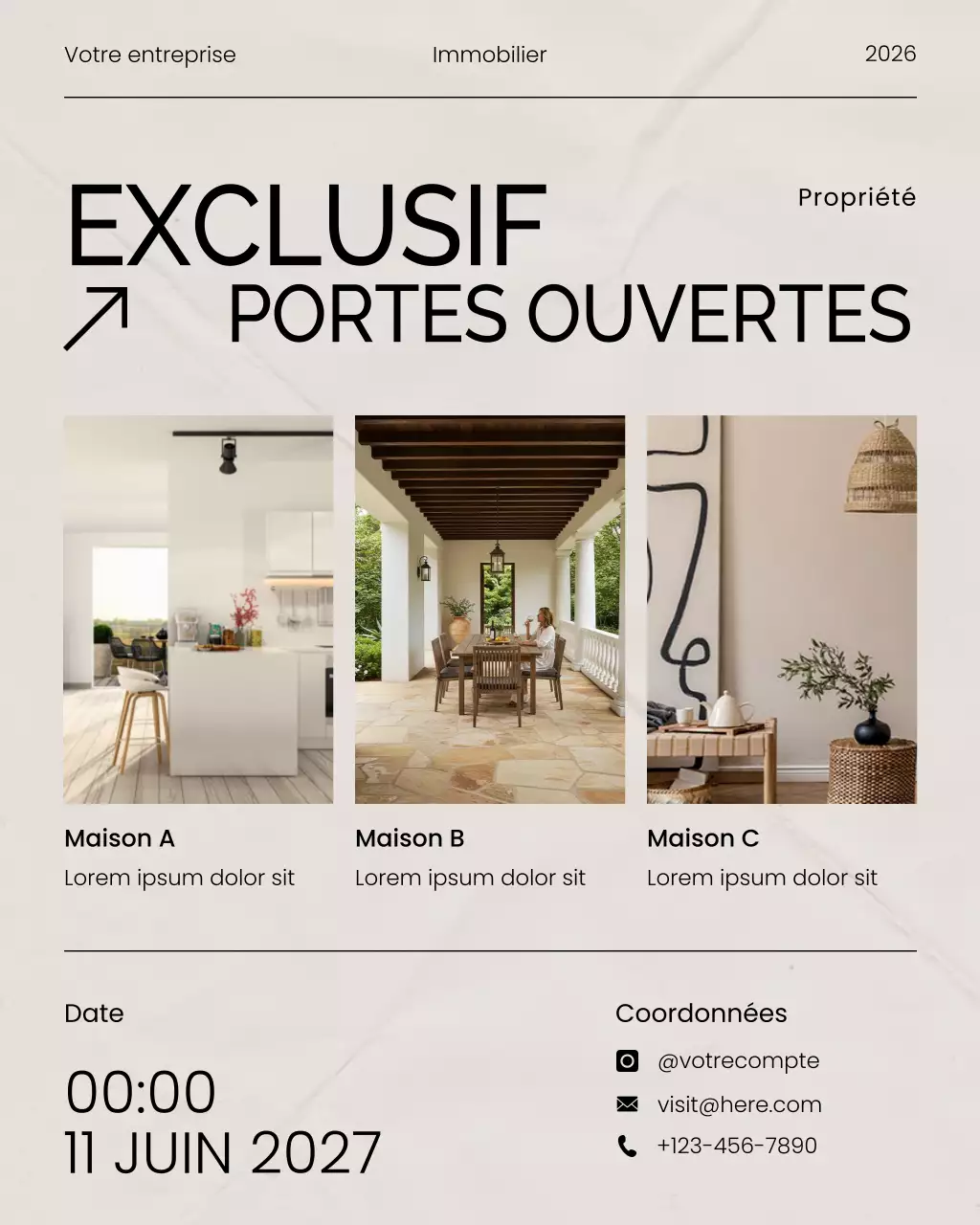 Bannière d'invitation exclusive pour les médias sociaux avec une invitation à une journée portes ouvertes immobilière moderne beige