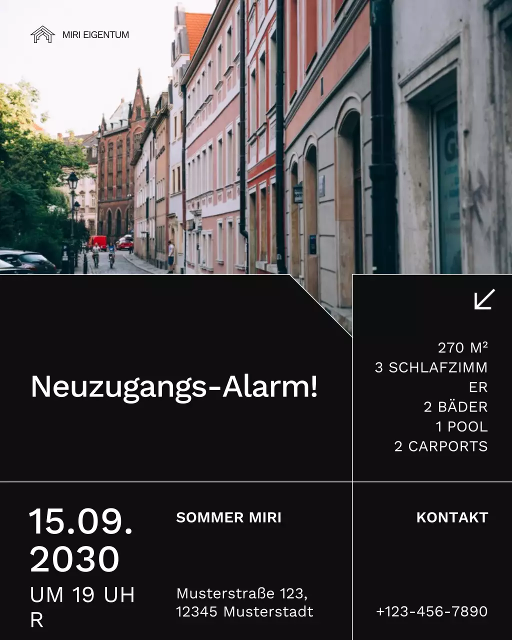 Schwarz-weißer Instagram-Beitrag mit Benachrichtigungen zu Immobilienangeboten