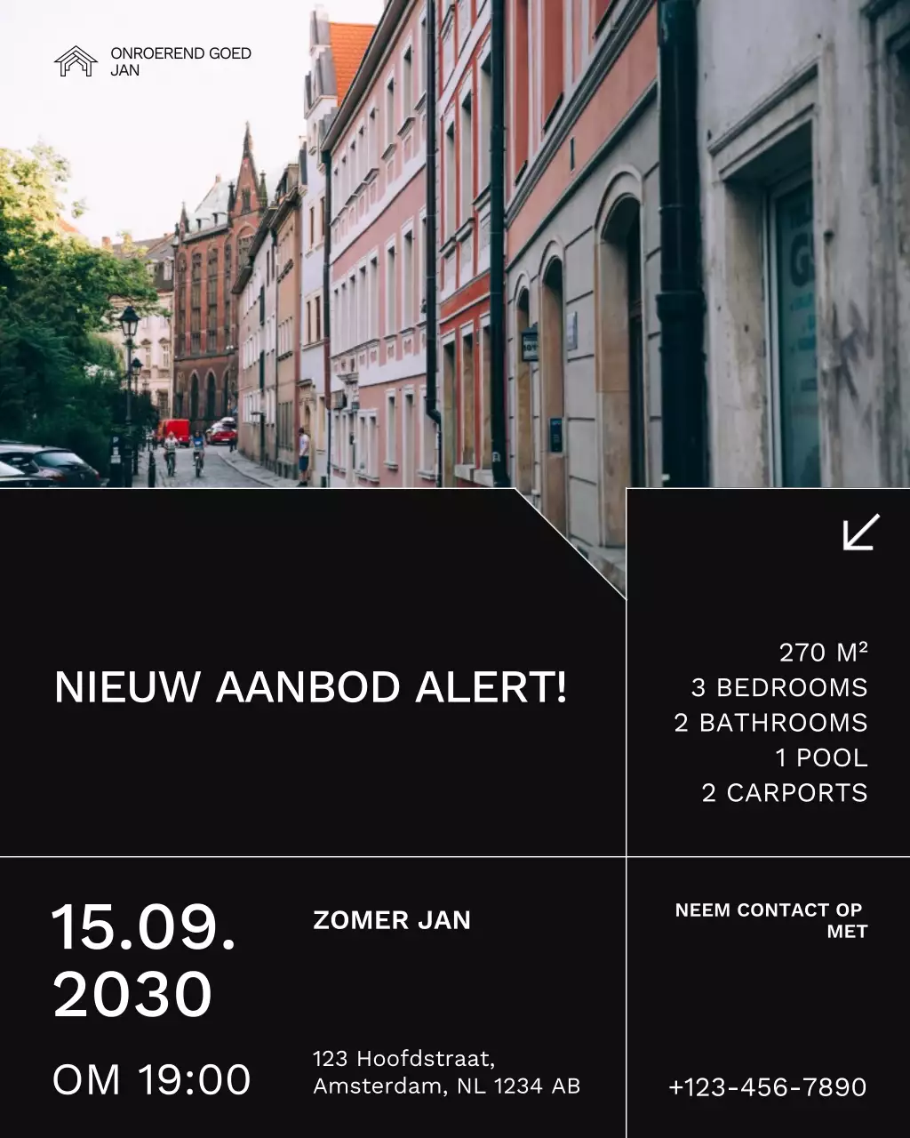 Instagram-bericht met zwart-wit waarschuwing voor onroerend goed