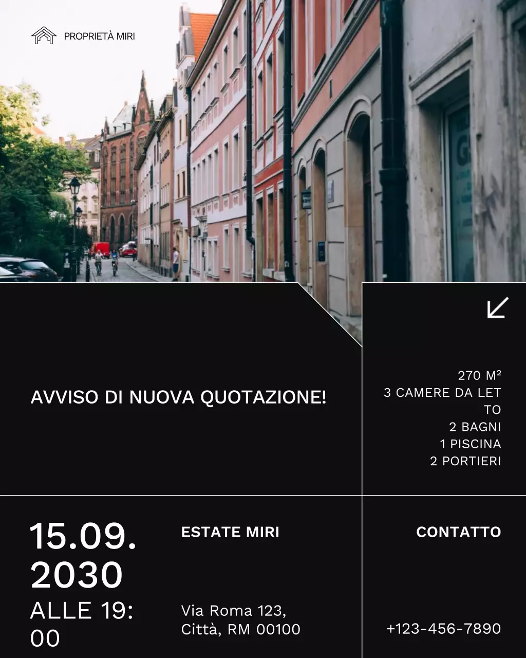 Post Instagram di avviso di quotazione immobiliare in bianco e nero