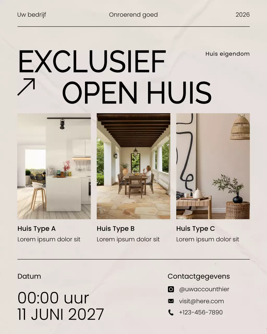 Beige Modern Real Estate Exclusieve Open Huis Uitnodiging Social Media Banner Poster