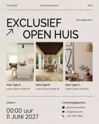 Beige Modern Real Estate Exclusieve Open Huis Uitnodiging Social Media Banner Poster