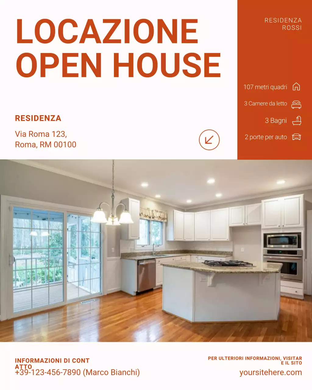 Nuovo annuncio di Open House bianco e arancione su Instagram