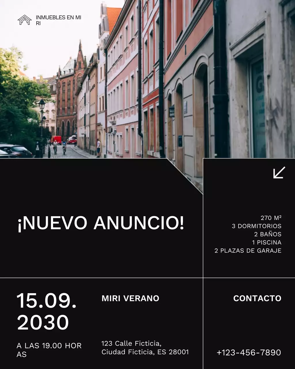 Publicación de Instagram de alerta de propiedades en blanco y negro