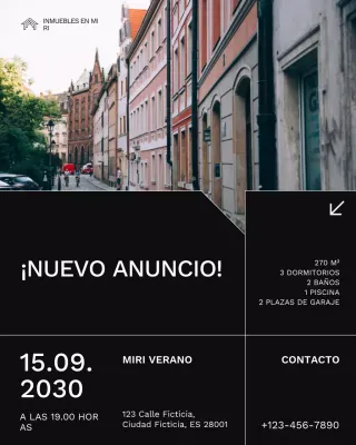 Publicación de Instagram de alerta de propiedades en blanco y negro