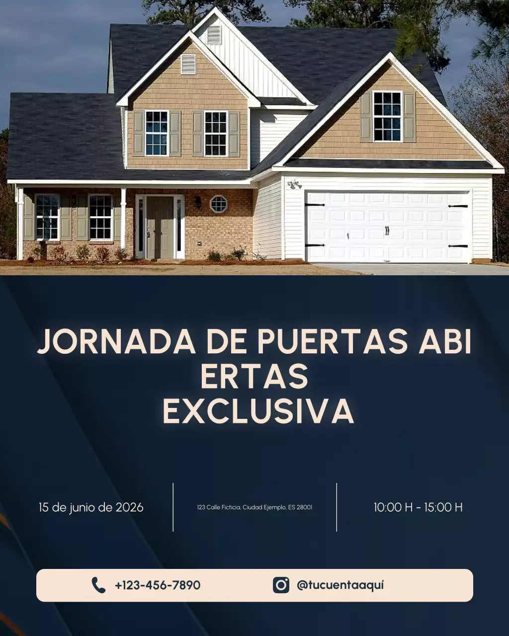 Promoción de puertas abiertas inmobiliaria escandinava en azul marino y crema