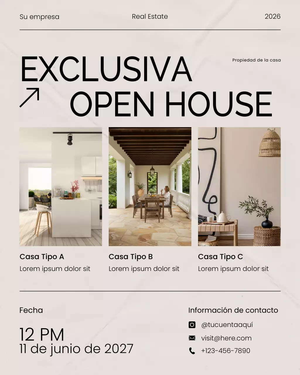 Banner para redes sociales con invitación a jornada de puertas abiertas exclusiva de bienes raíces modernos en beige