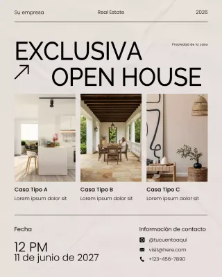 Banner para redes sociales con invitación a jornada de puertas abiertas exclusiva de bienes raíces modernos en beige