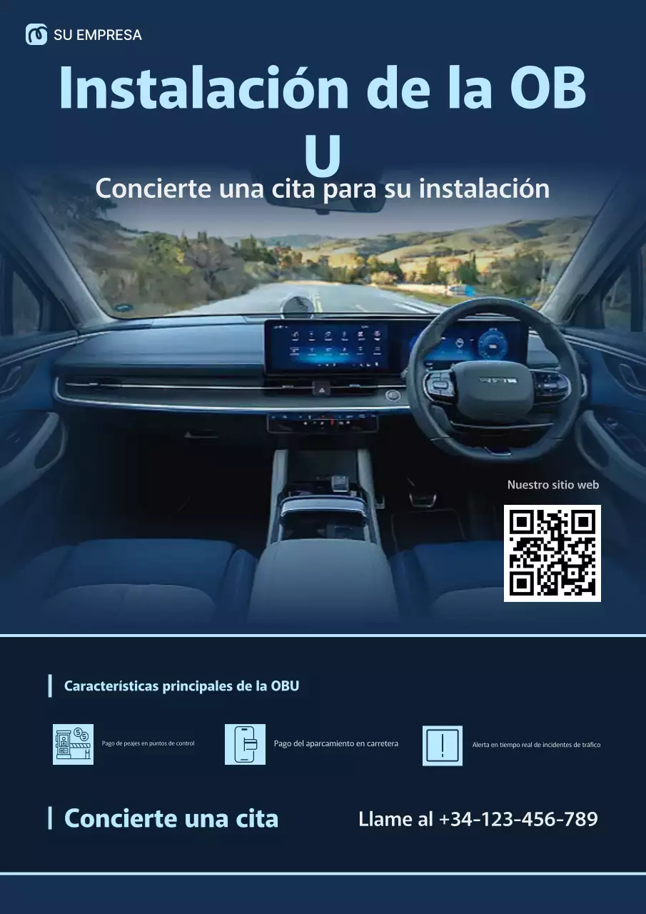 Cartel web de anuncio de vehículo de instalación OBU profesional azul