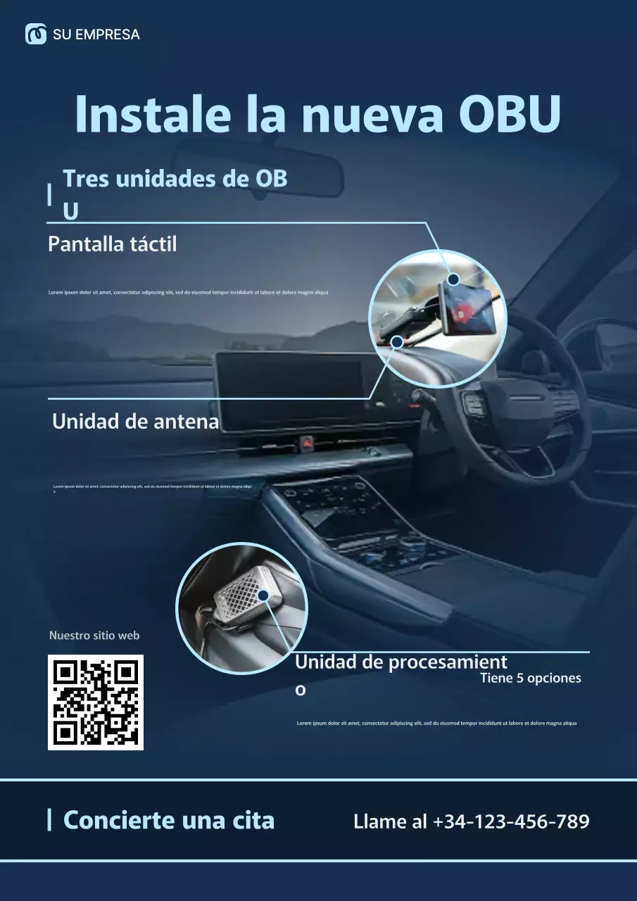 Cartel web de anuncio de vehículo de instalación OBU profesional azul