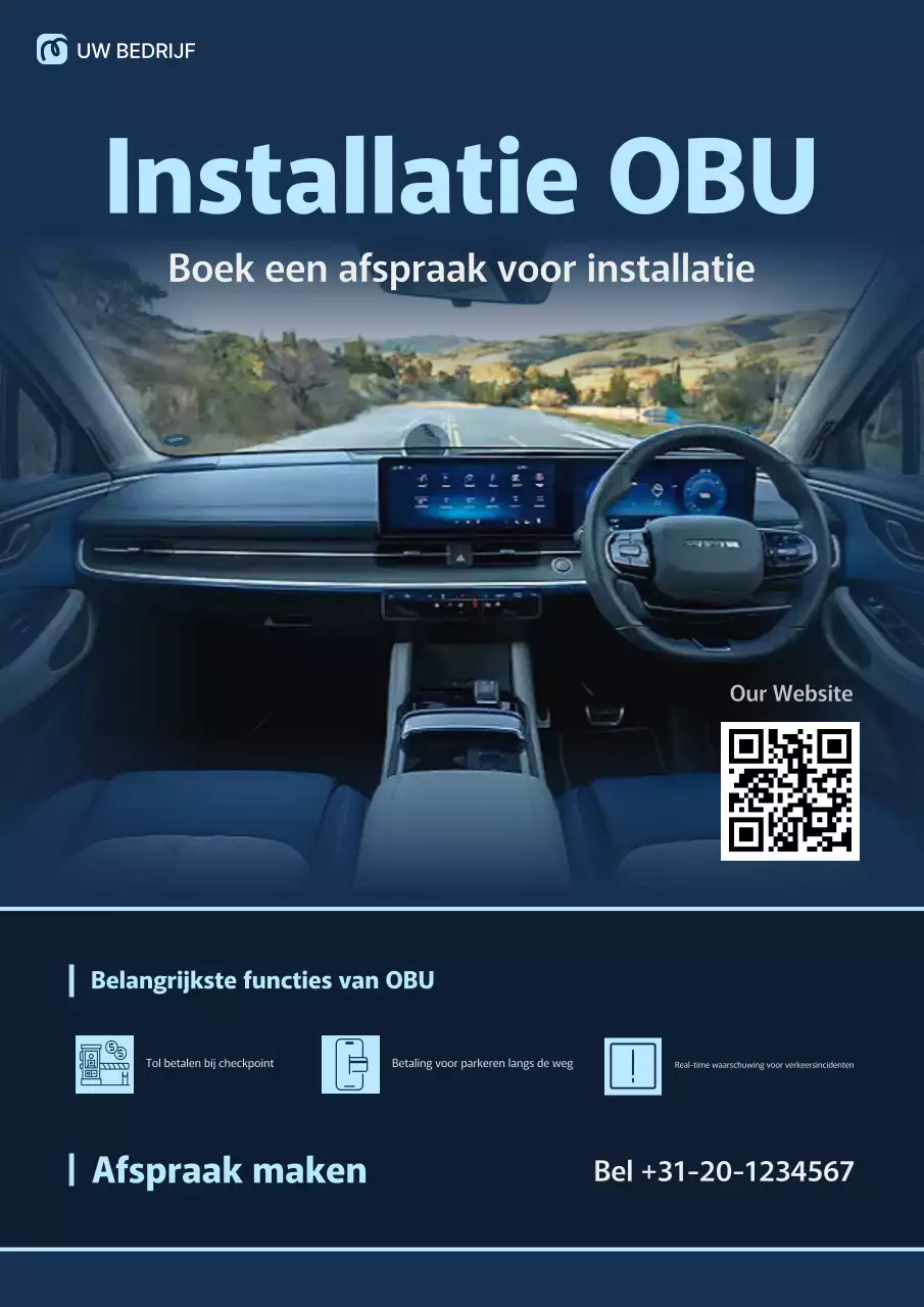 Blauwe professionele OBU-installatievoertuigadvertentiewebposter