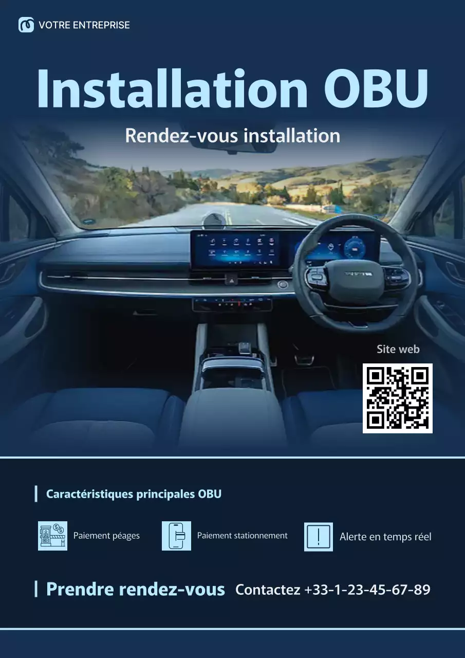 Affiche publicitaire Web pour l'installation d'un OBU professionnel bleu