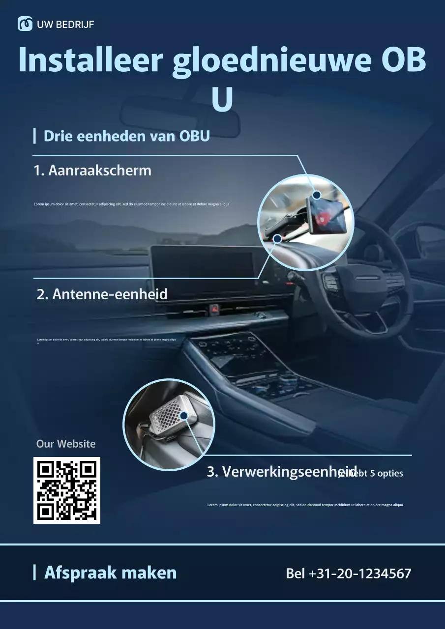 Blauwe professionele OBU-installatievoertuigadvertentiewebposter