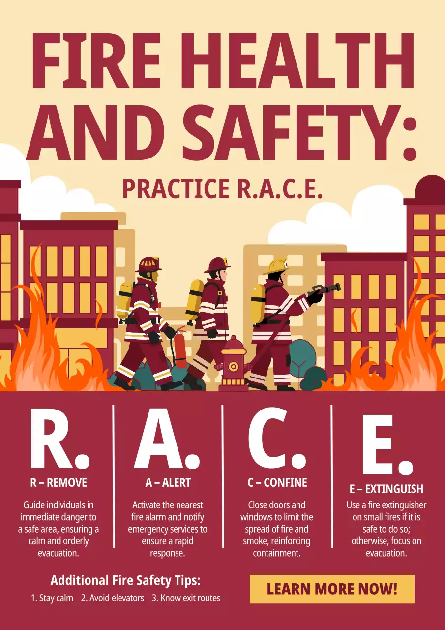 Red and Yellow Illustrative Fire Health and Safety Poster