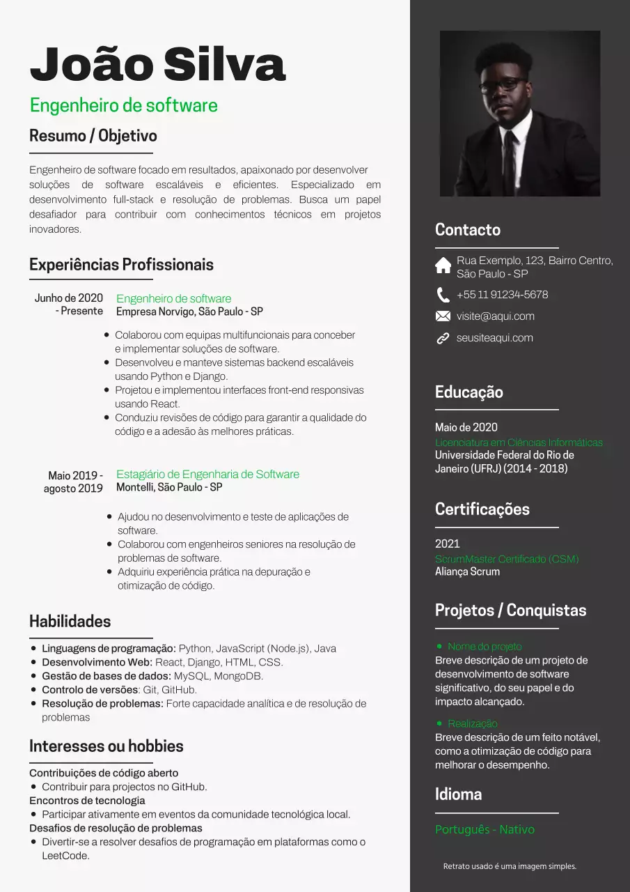 Currículo de engenheiro de software moderno branco e verde