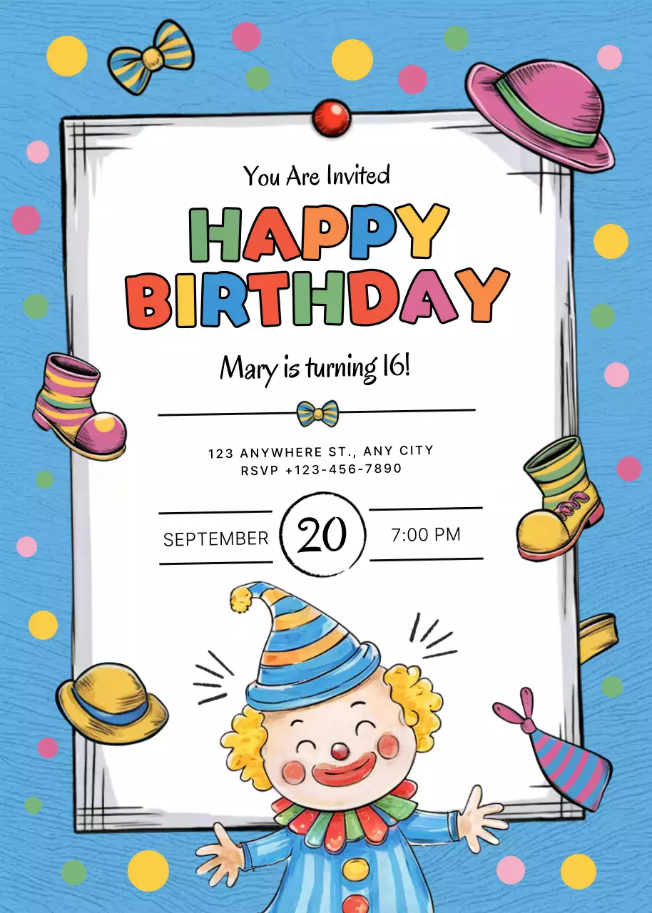 컬러풀한 만화 생일 초대장