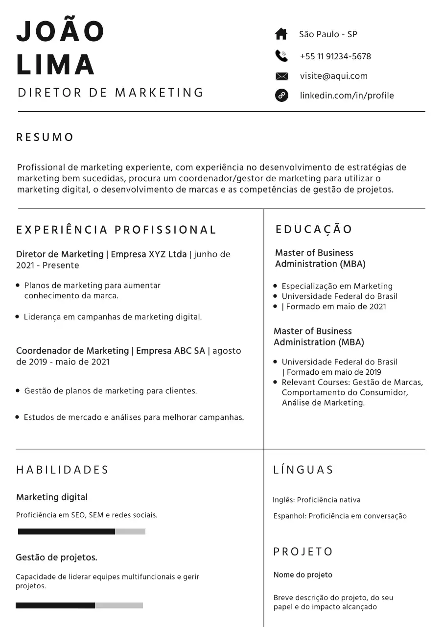 Portfolio de gestor de marketing simples a preto e branco