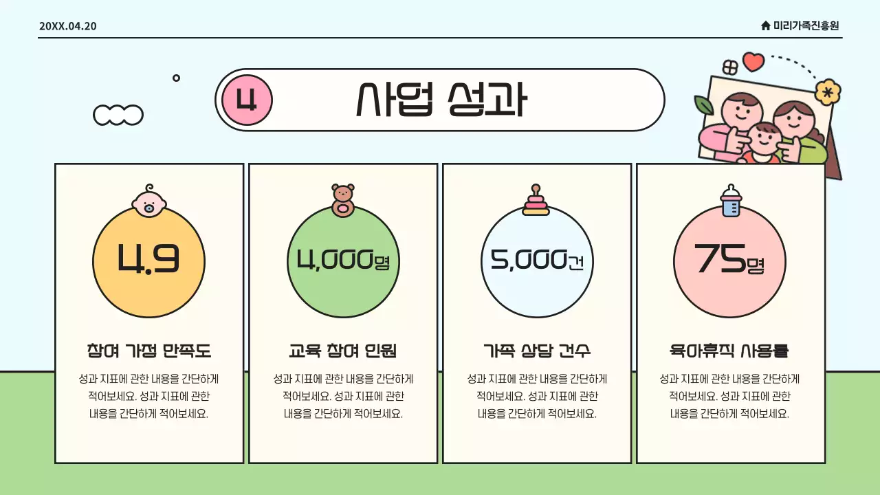 하늘색의 아기자기한 가족 복지 사업 현황 보고서