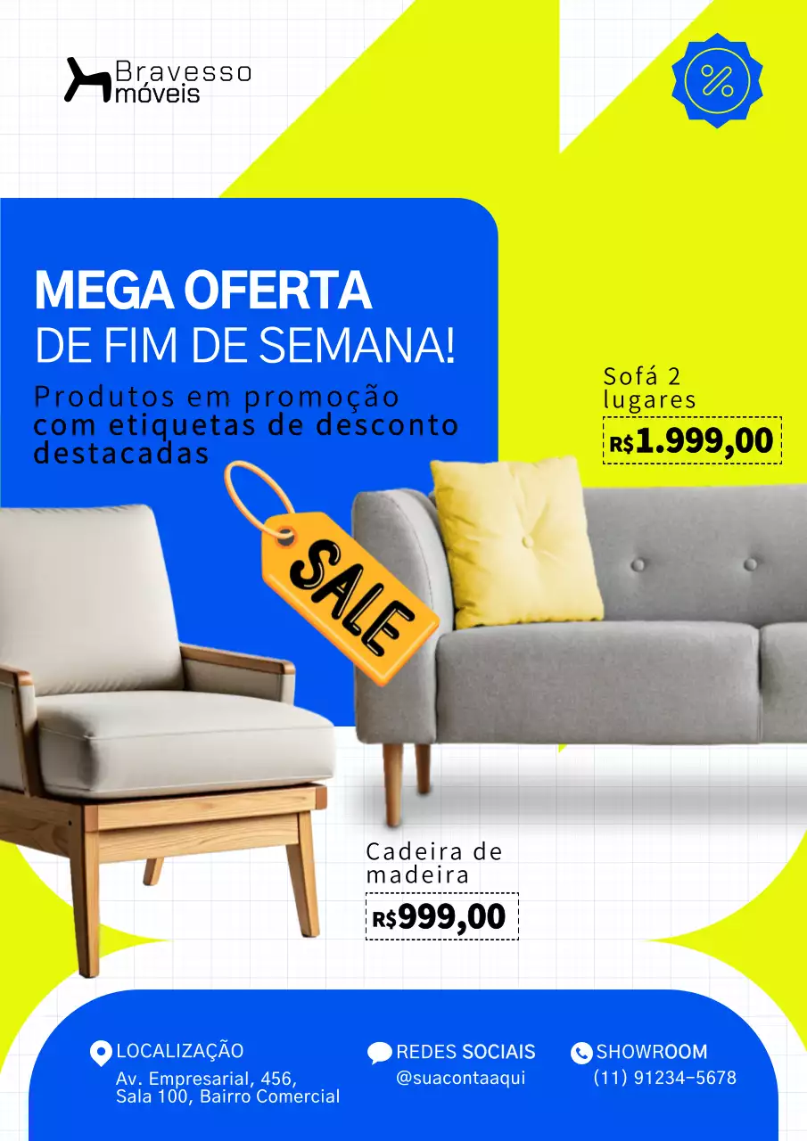 Cartaz promocional de venda de móveis modernos amarelos