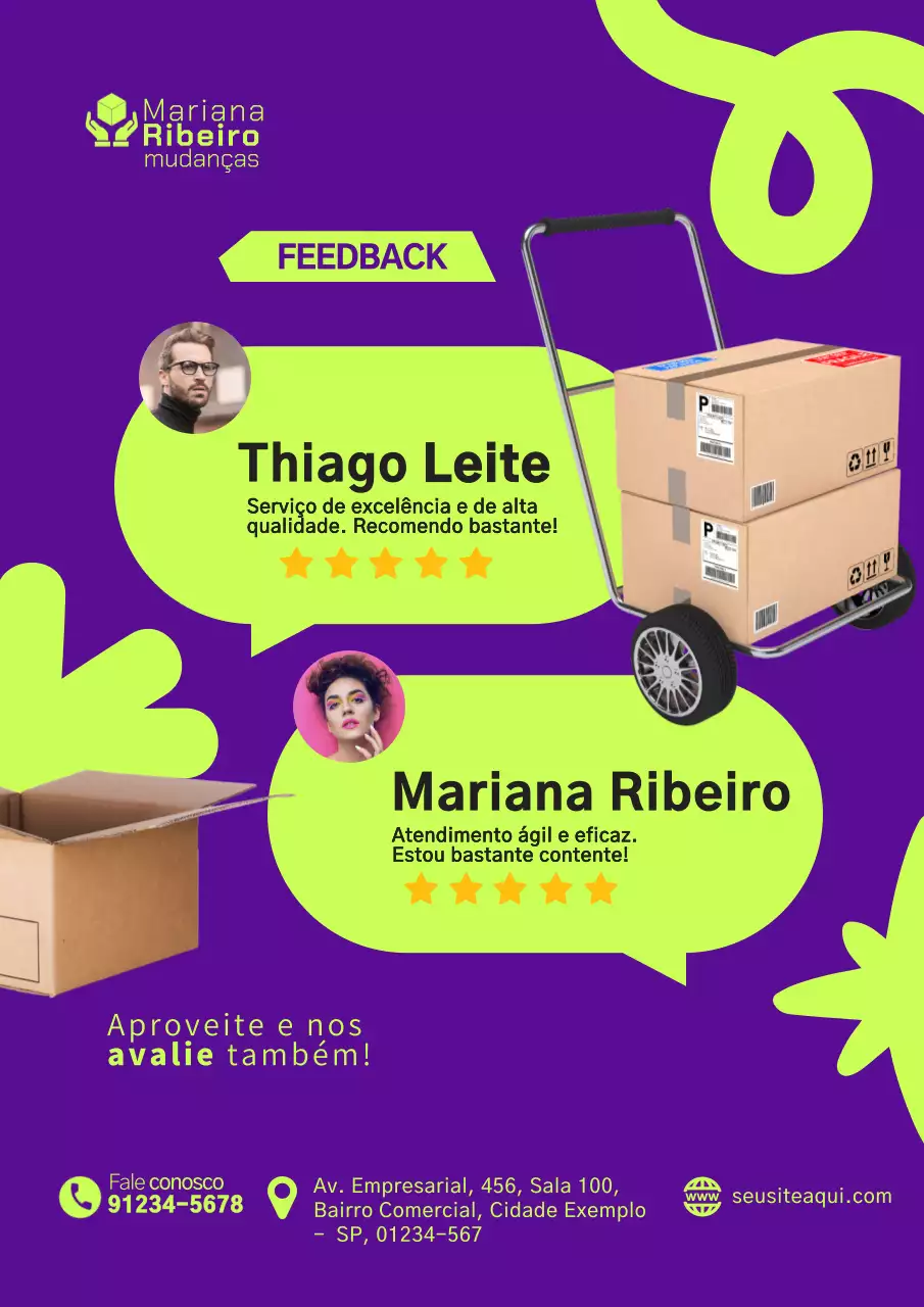 Cartaz de anúncio de feedback de entrega moderno roxo