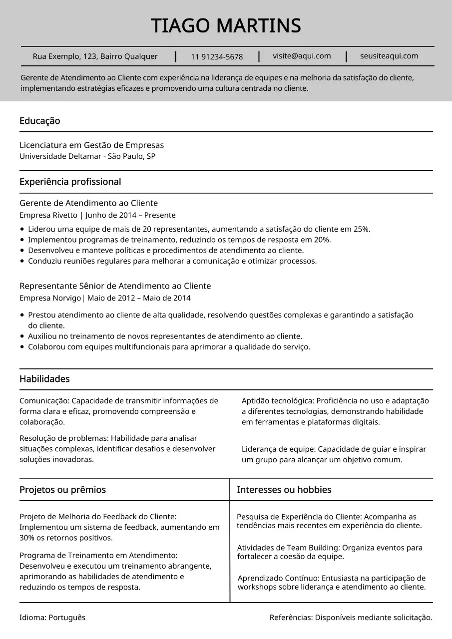 Currículo de atendimento ao cliente em branco e cinzento