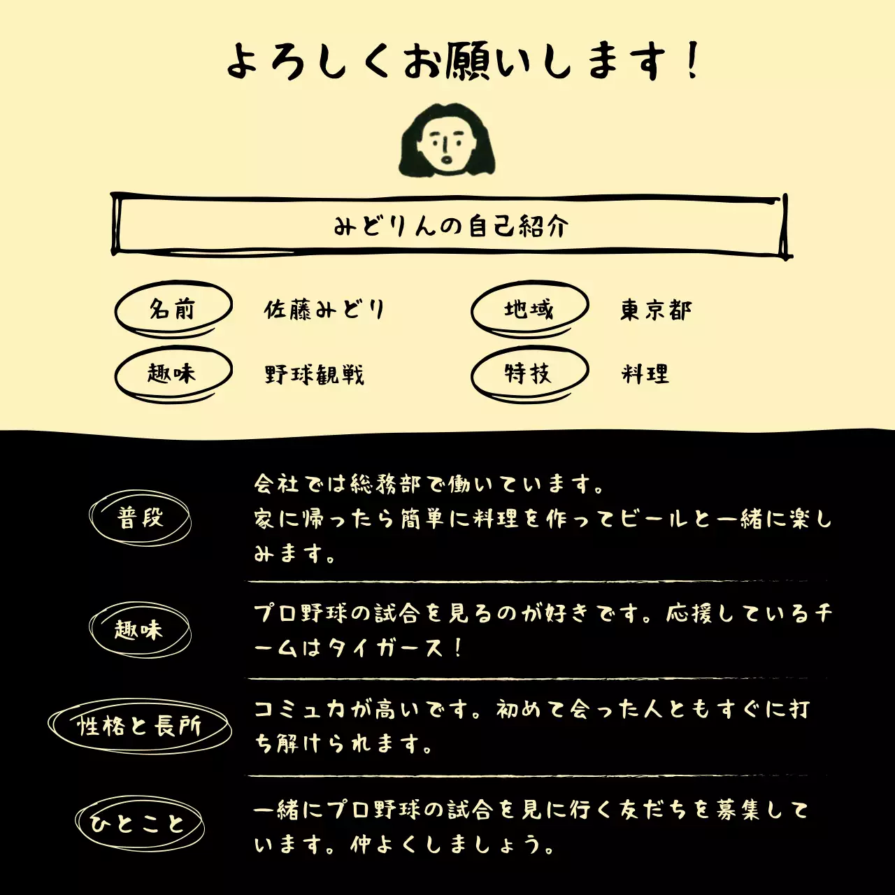 黄色の手書き自己紹介カード