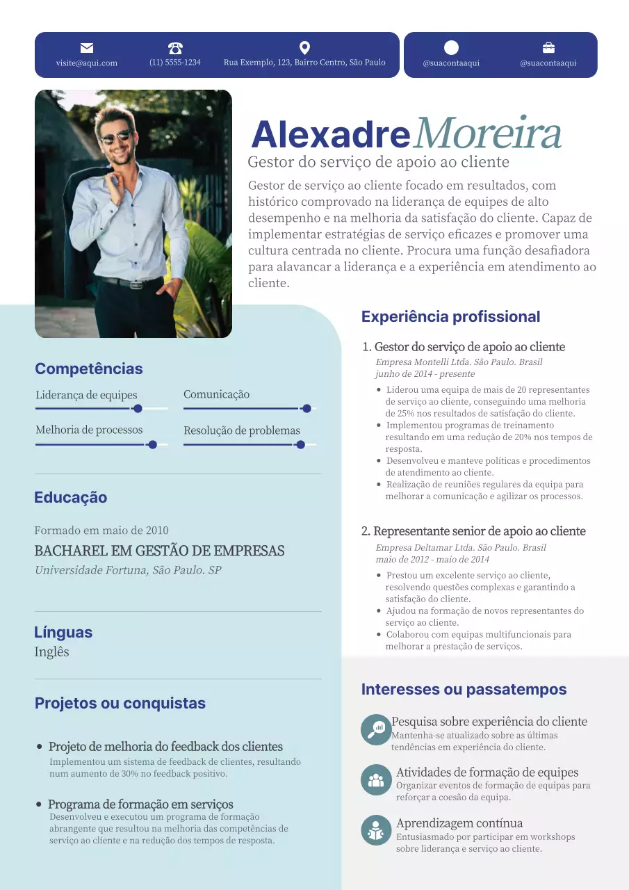 Azul Simples Moderno Elegante Currículo de Gestor de Atendimento ao Cliente