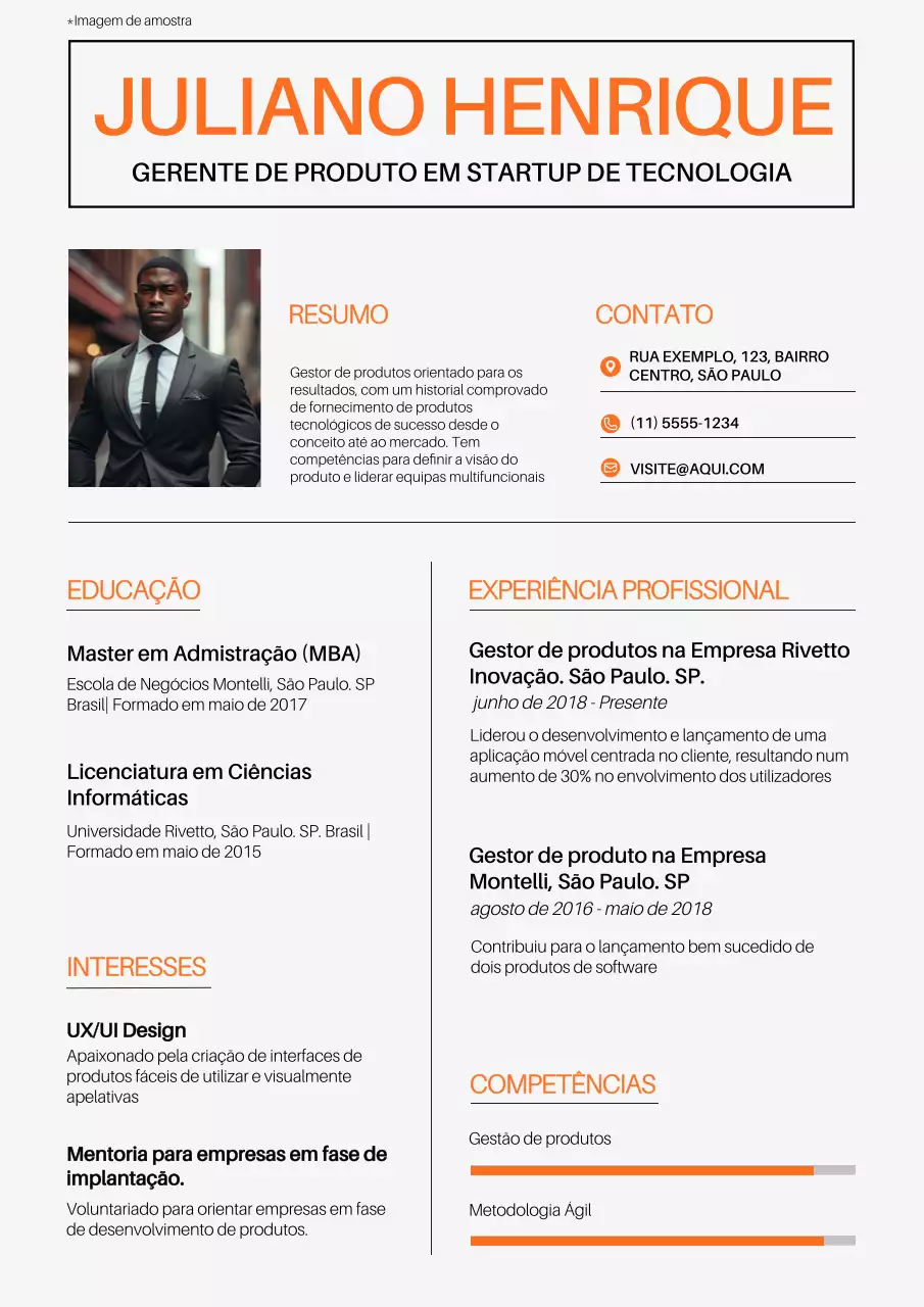Portfolio do gestor de produtos moderno em laranja e branco