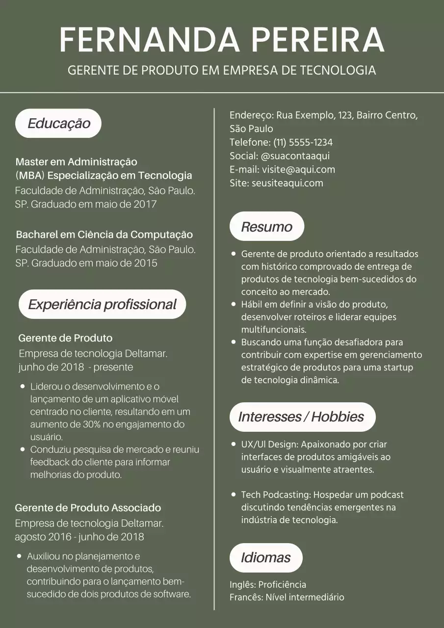 Introdução ao currículo de gestor de produtos moderno em caqui e branco