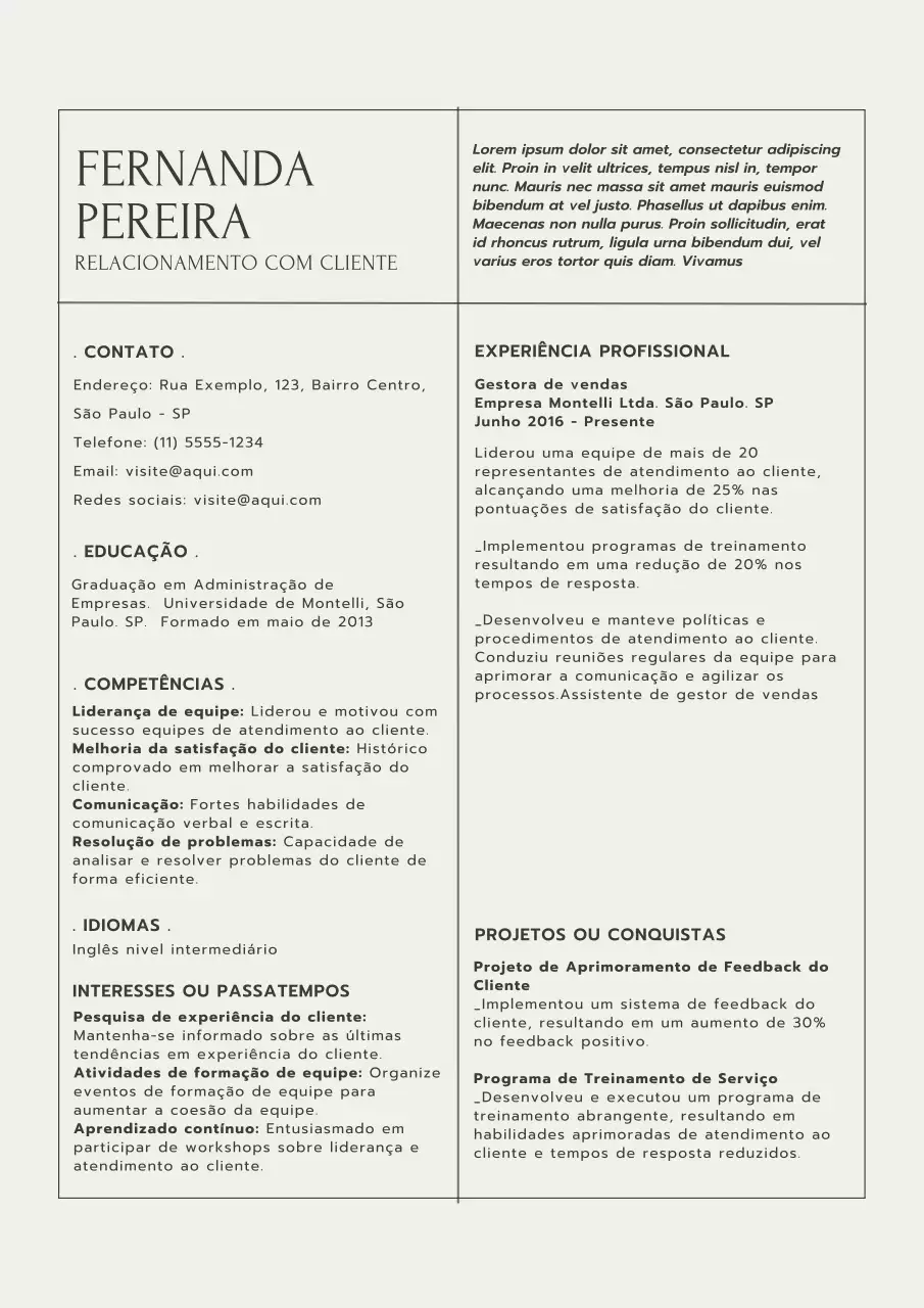 Bege e cinzento Minimal Customer Service Manager Resume Introdução