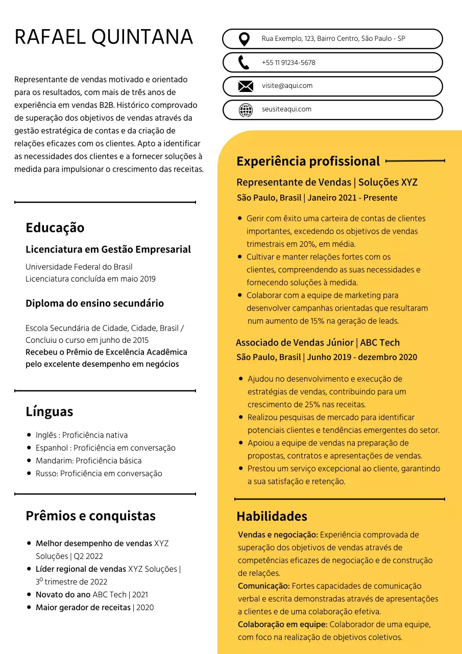 Currículo simples de representante comercial branco e amarelo