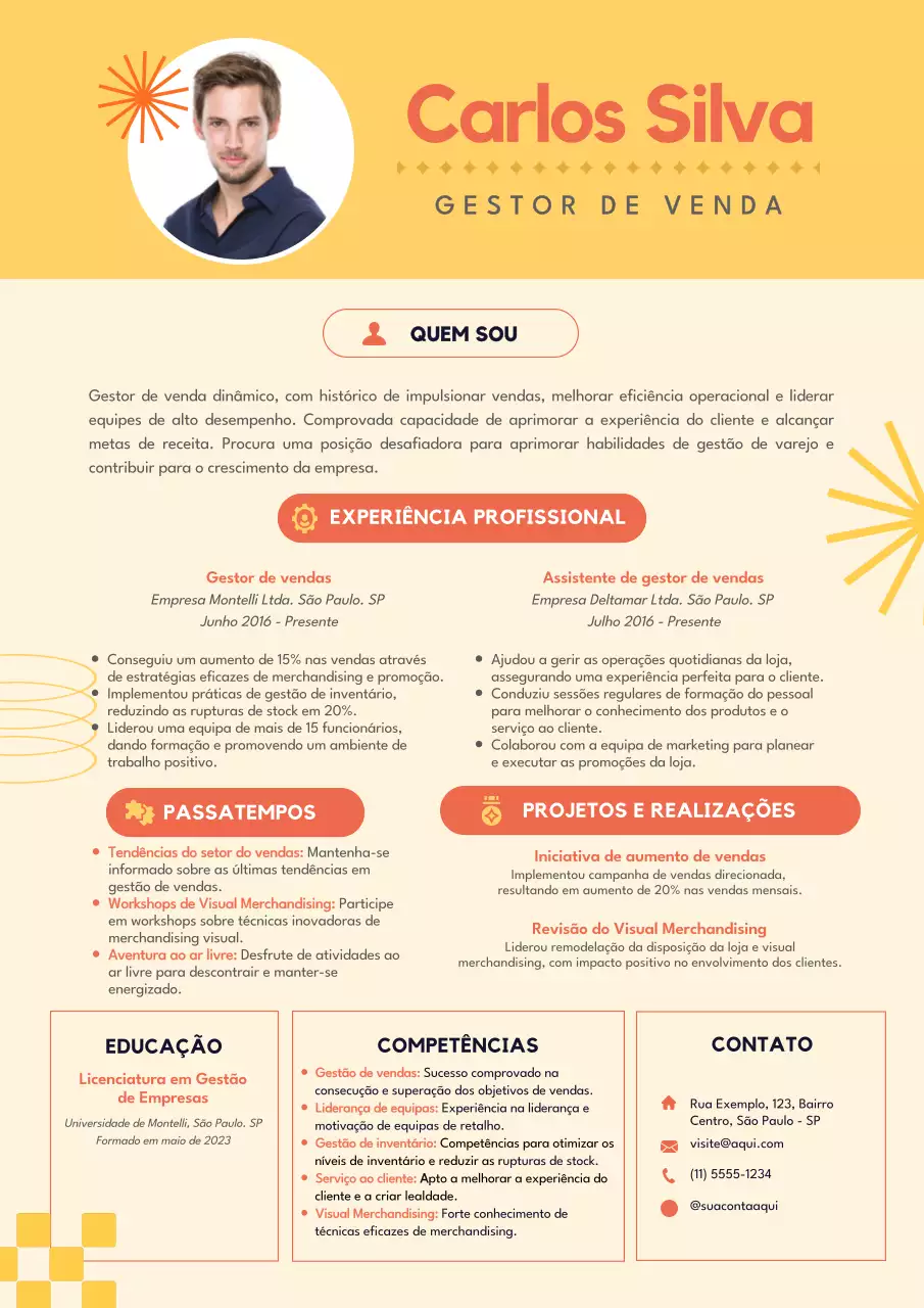 Currículo de gestor de retalho amarelo-laranja