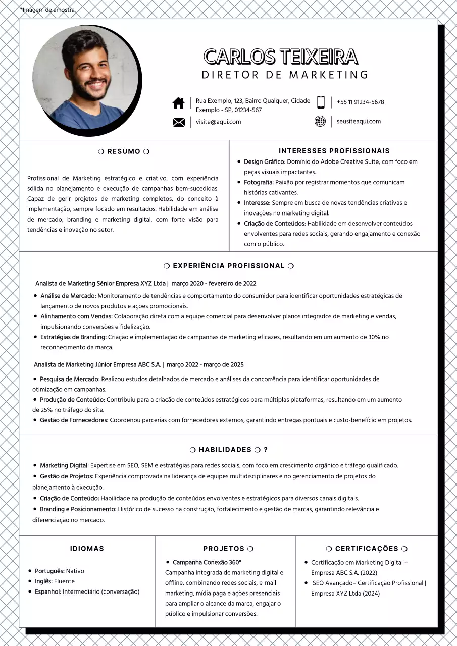 Currículo de diretor de marketing moderno a preto e branco