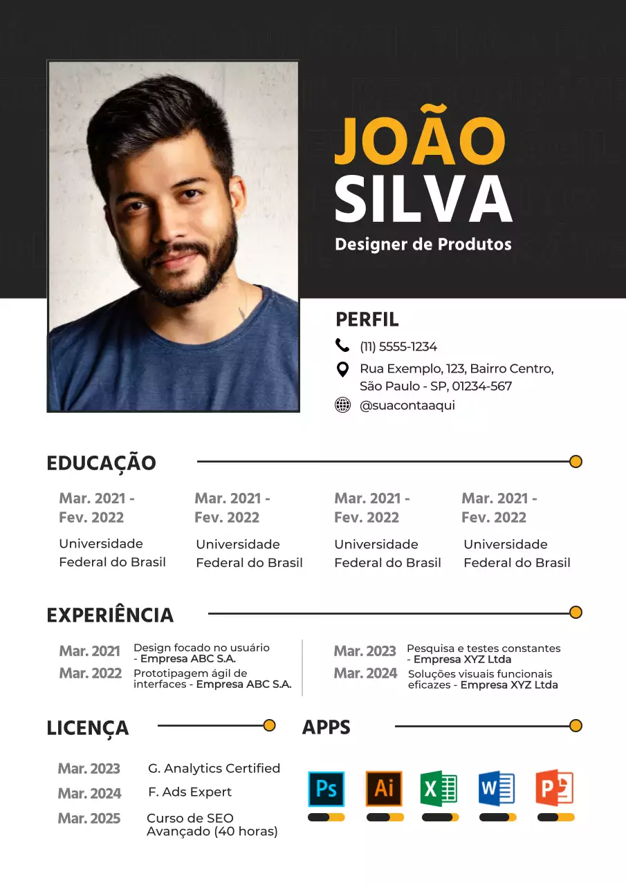 Um currículo informal em preto e amarelo