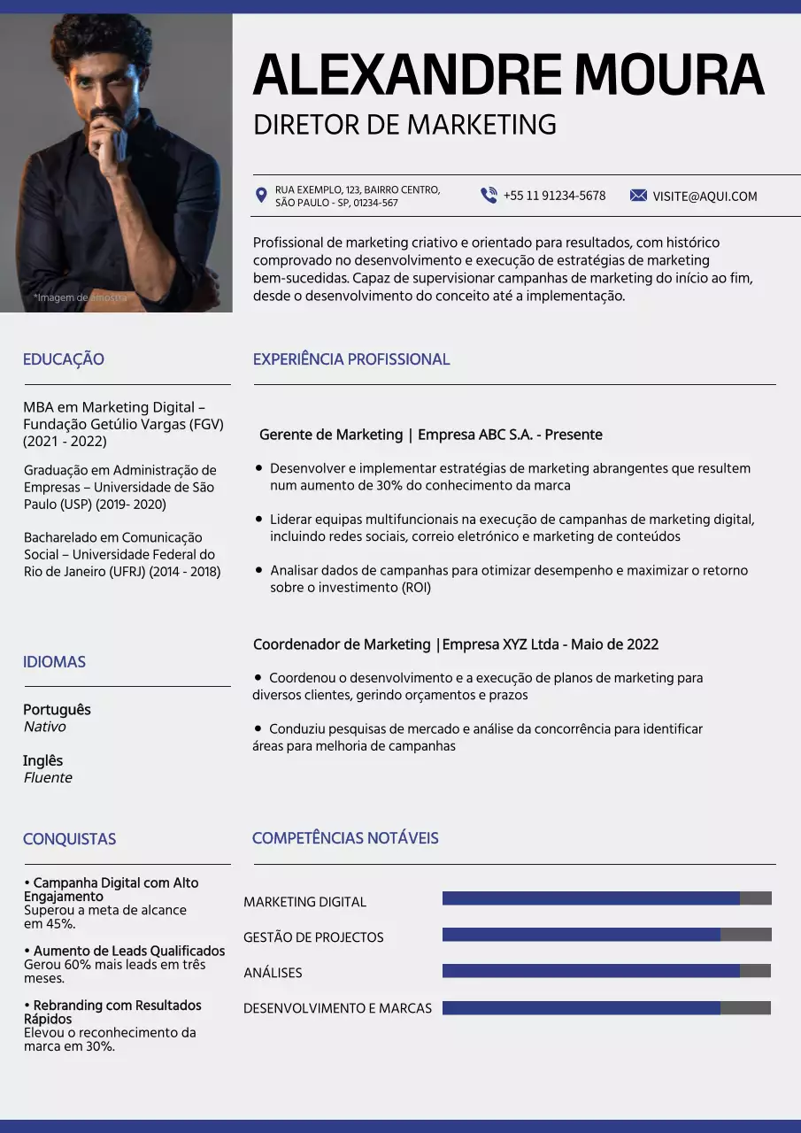 Portfolio de gestor de marketing moderno cinzento e azul