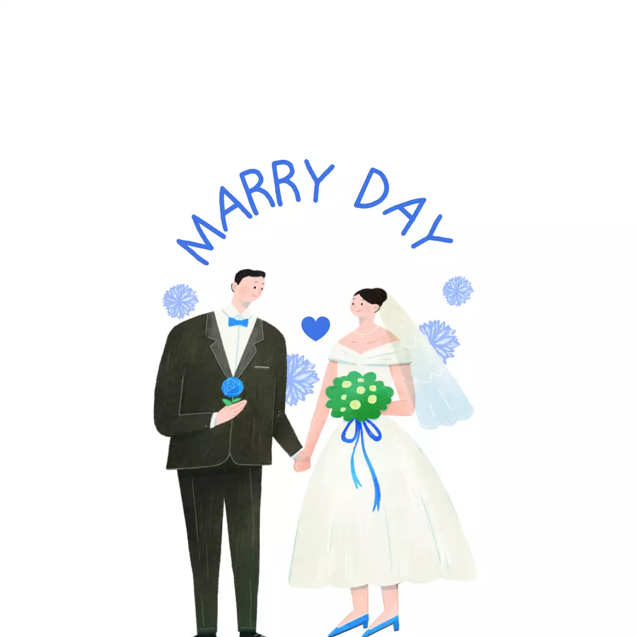 青色の新郎と新婦のキャラクターイラストを使った結婚式のコンセプト