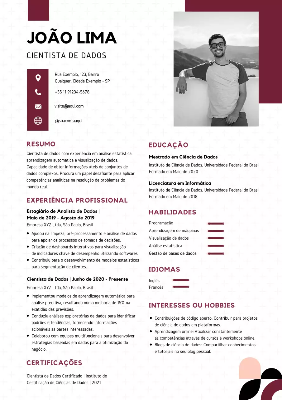 Currículo de cientista de dados moderno branco e vermelho