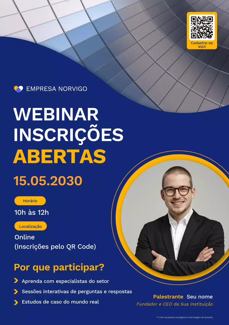Cartaz de inscrição para webinar sobre liderança profissional azul e amarelo
