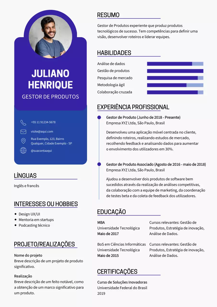 Currículo de gestor de produto moderno azul