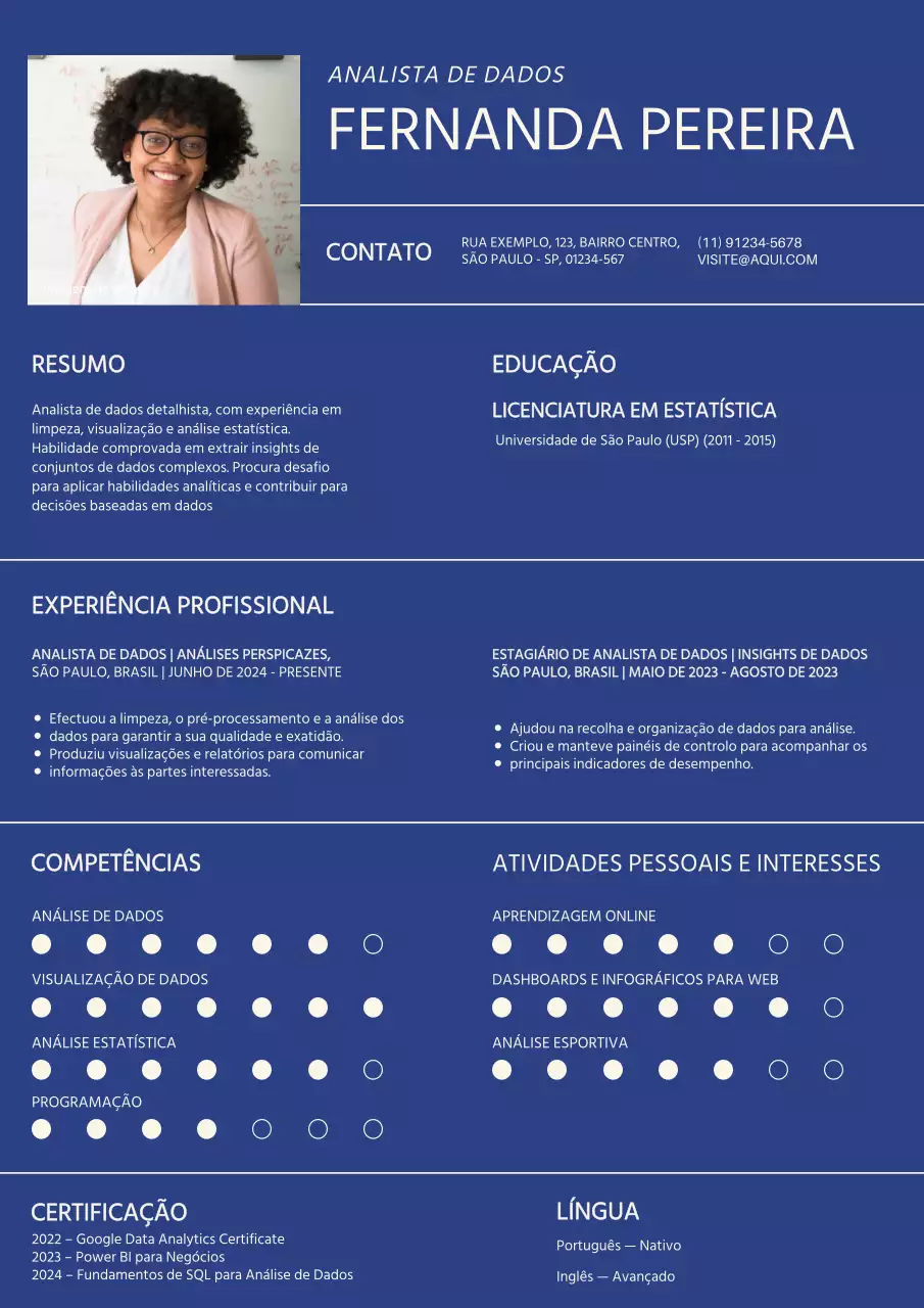 Carteira de analista de dados simples azul e branca
